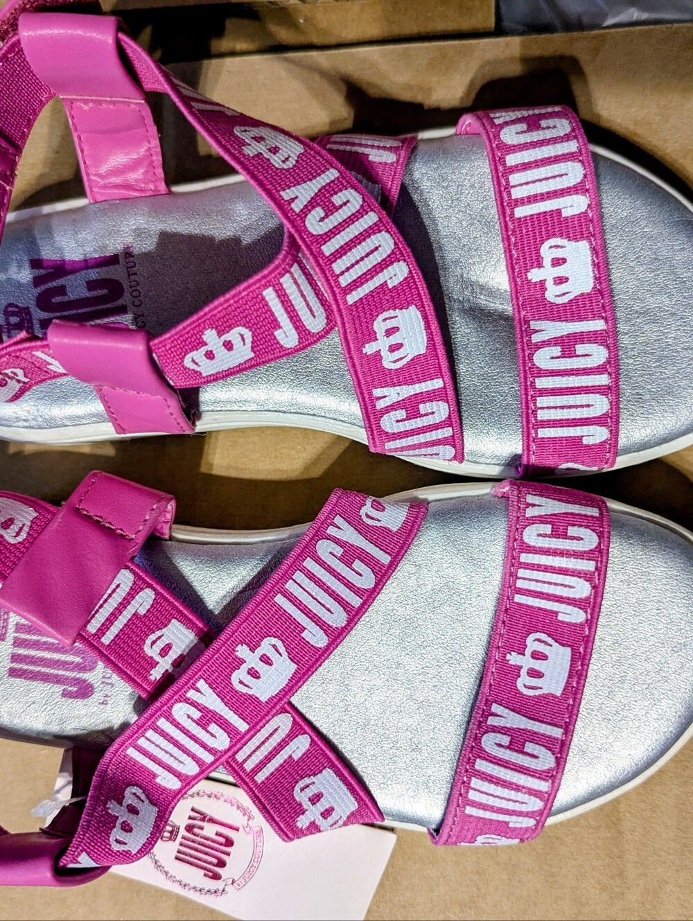 Juicy Couture Girls' Hot Pink Logo Strap Sandals with Silver Footbed